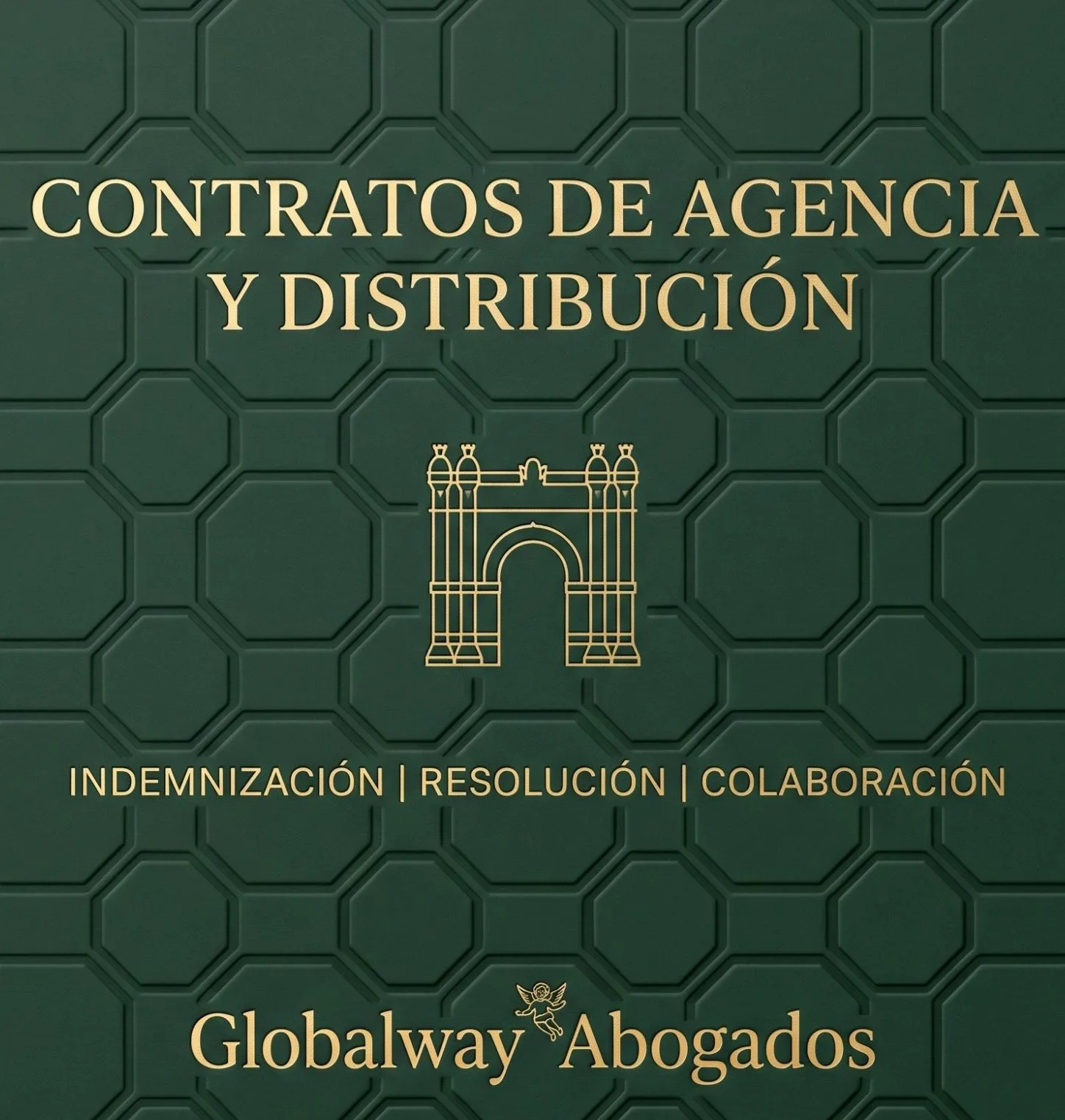 Icono dorado de arquitectura de Barcelona, tarjeta de contratos mercantiles y civiles de Globalway Abogados