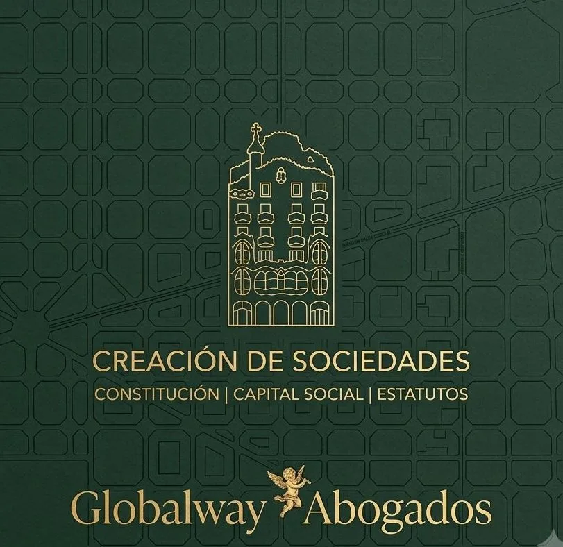 Icono dorado de la Casa Batlló sobre fondo verde, tarjeta de constitución de sociedades de Globalway Abogados en Barcelona