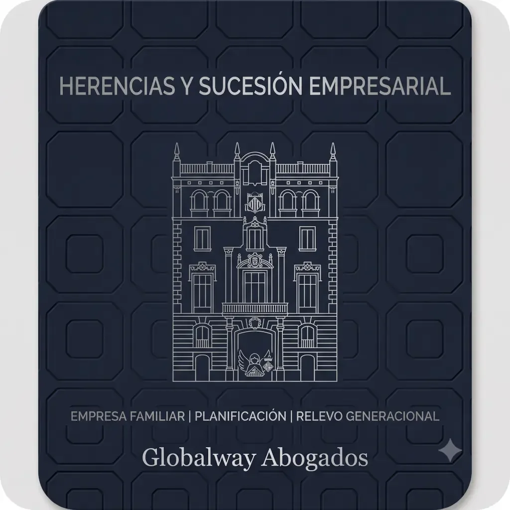 medallon con la casa Thomas de Barcelona y un rótulo donde aparece escrito Herencia de Empresa Familiar Globalway Abogados