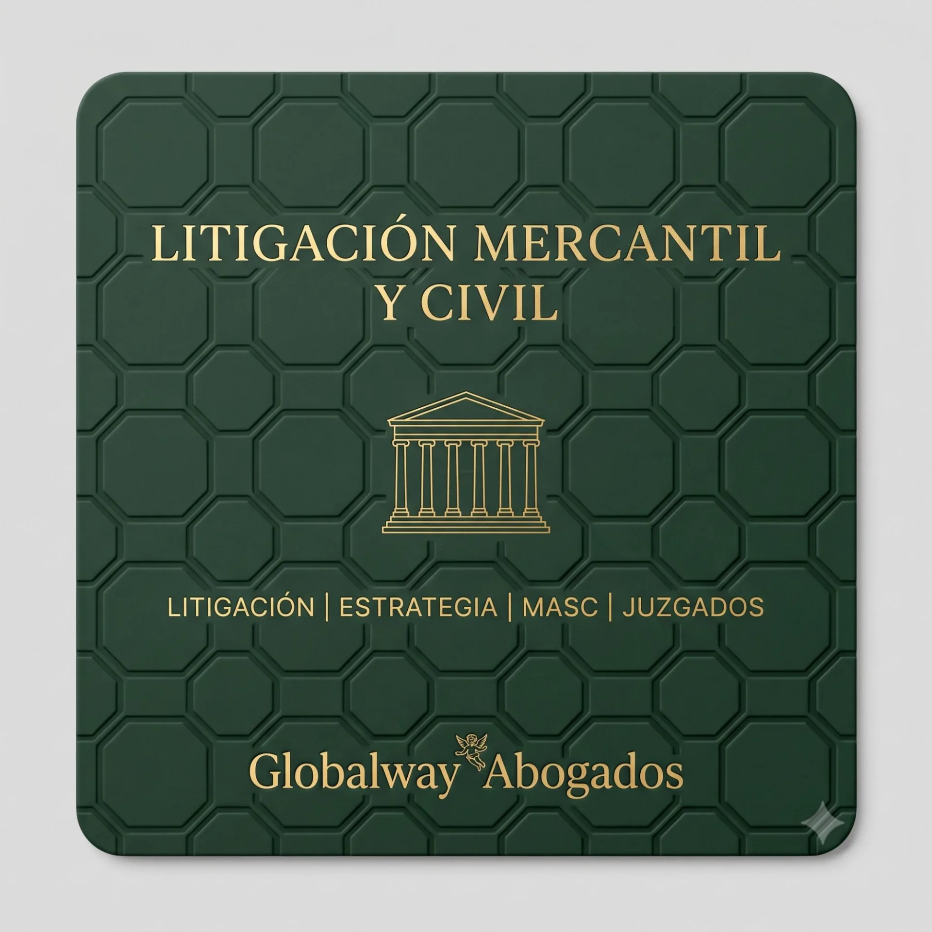 Icono dorado del Palacio de Justicia, tarjeta de litigación mercantil y civil de Globalway Abogados en Barcelona