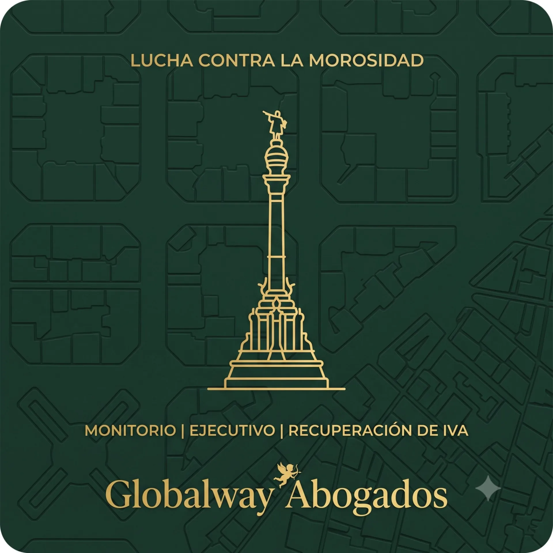 Icono dorado de la Torre de Colón, tarjeta de reclamación de morosidad e impagos de Globalway Abogados en Barcelona