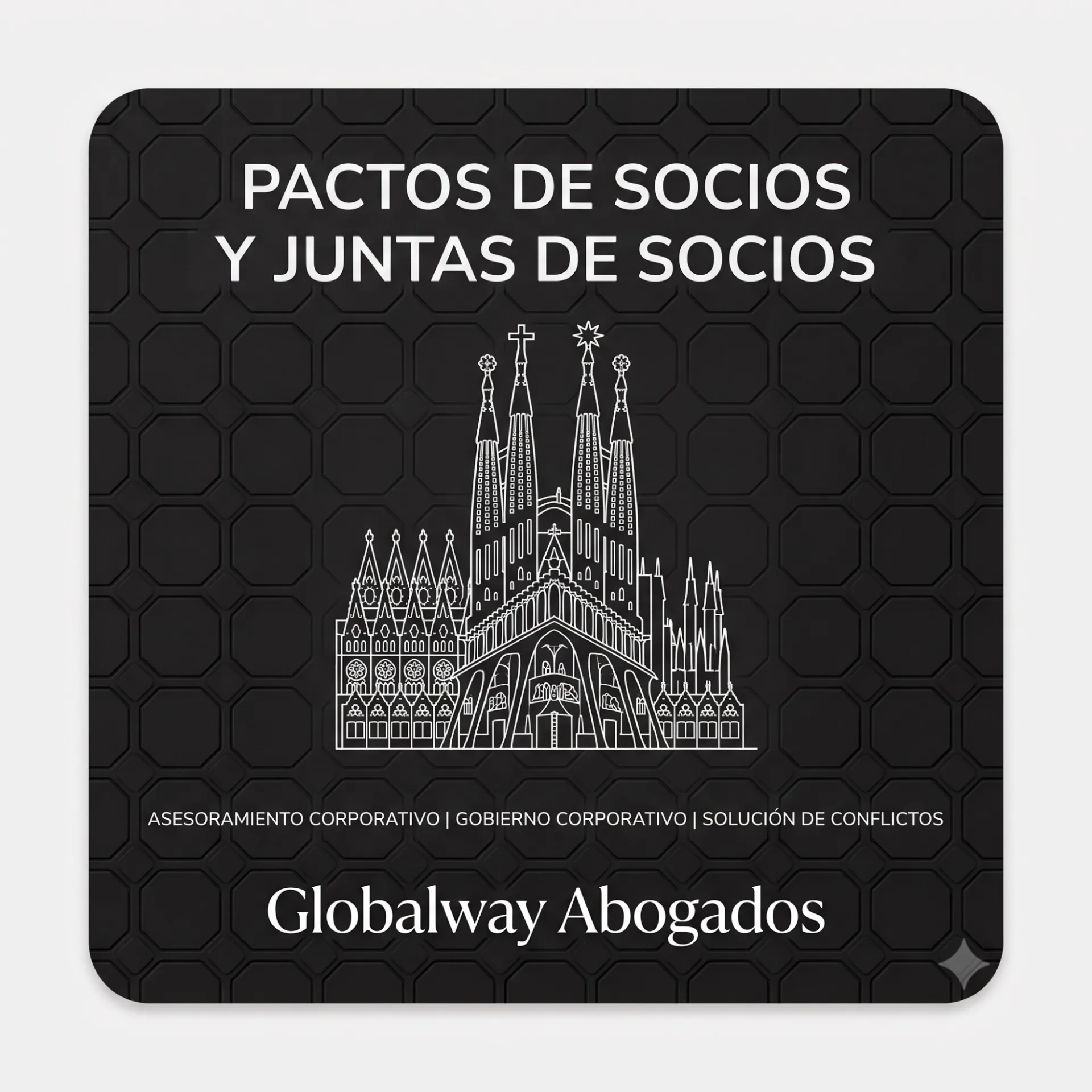 Icono blanco de la Torre CaixaBank de la Diagonal sobre fondo negro, tarjeta introductoria de pactos de socios de Globalway AbogadosAbogados