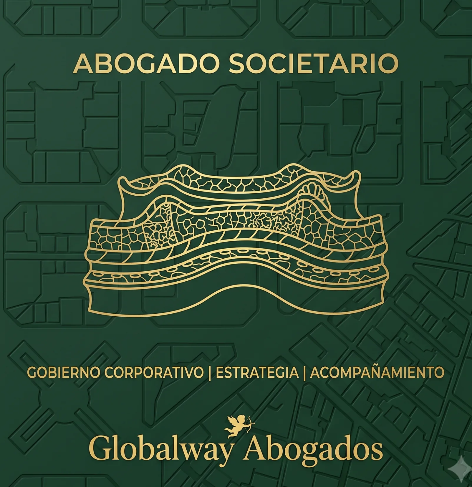 Icono dorado del Park Güell, tarjeta de abogado societario de Globalway Abogados en Barcelona