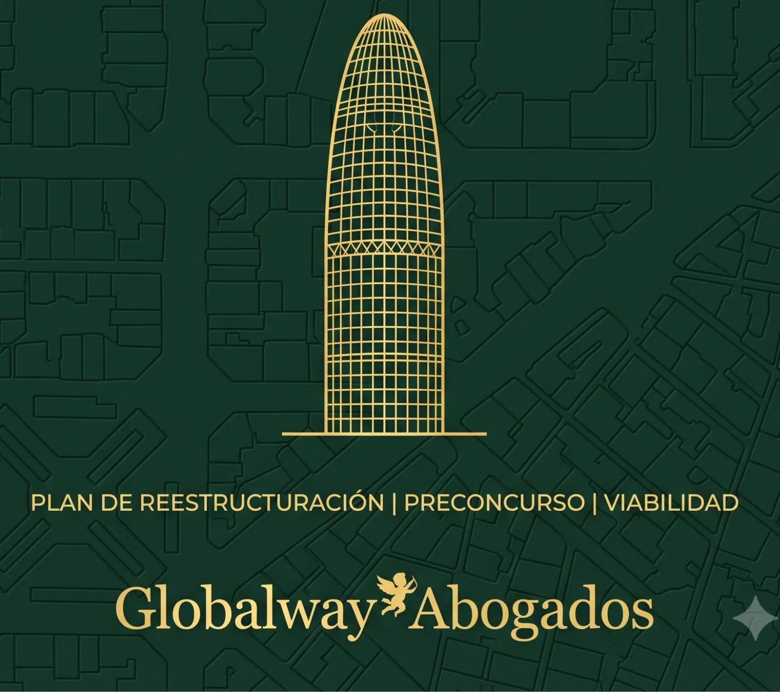 Icono dorado de la Torre Agbar, tarjeta de reestructuración empresarial de Globalway Abogados en Barcelona