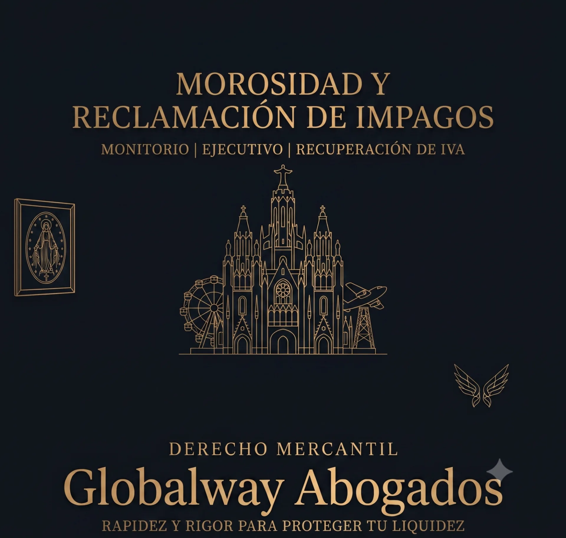 Ilustración dorada del Tibidabo sobre azul marino, tarjeta de morosidad y reclamación de impagos