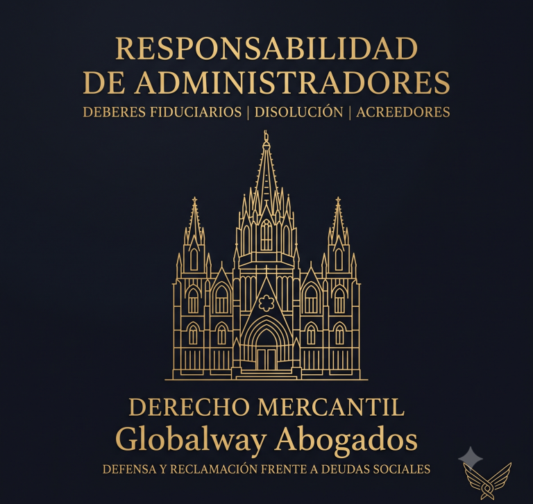 Ilustración de la Basílica de la Mercè de Barcelona en dorado sobre fondo azul oscuro, con el texto "Responsabilidad de Administradores" 