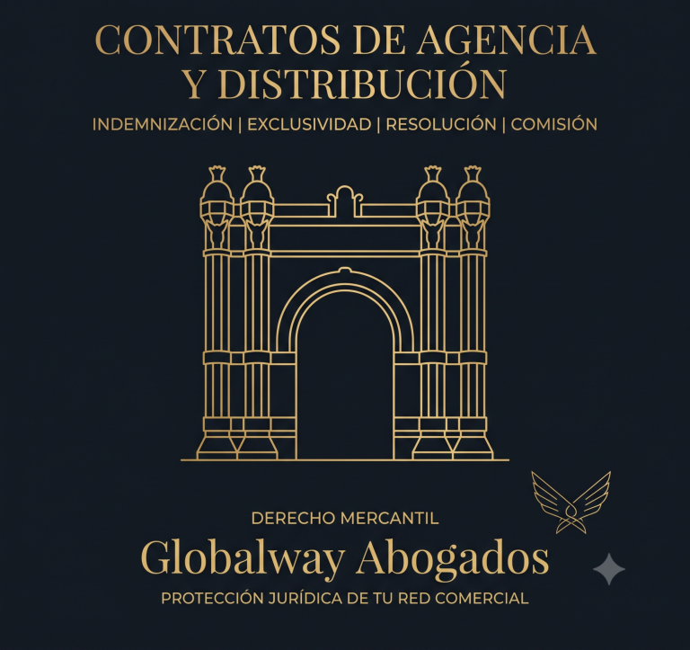 Ilustración del Arc de Triomf de Barcelona en dorado sobre fondo azul oscuro, con el texto "Contratos de Agencia y Distribución" 