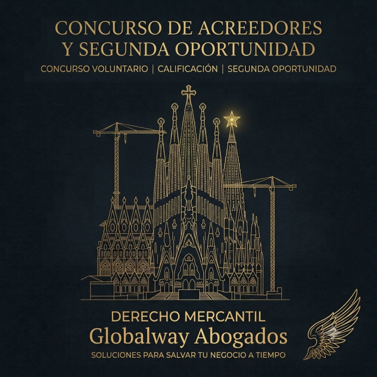 Ilustración de la Sagrada Família de Barcelona en dorado sobre fondo azul oscuro, con el texto "Concurso de Acreedores y Segunda Oportunidad