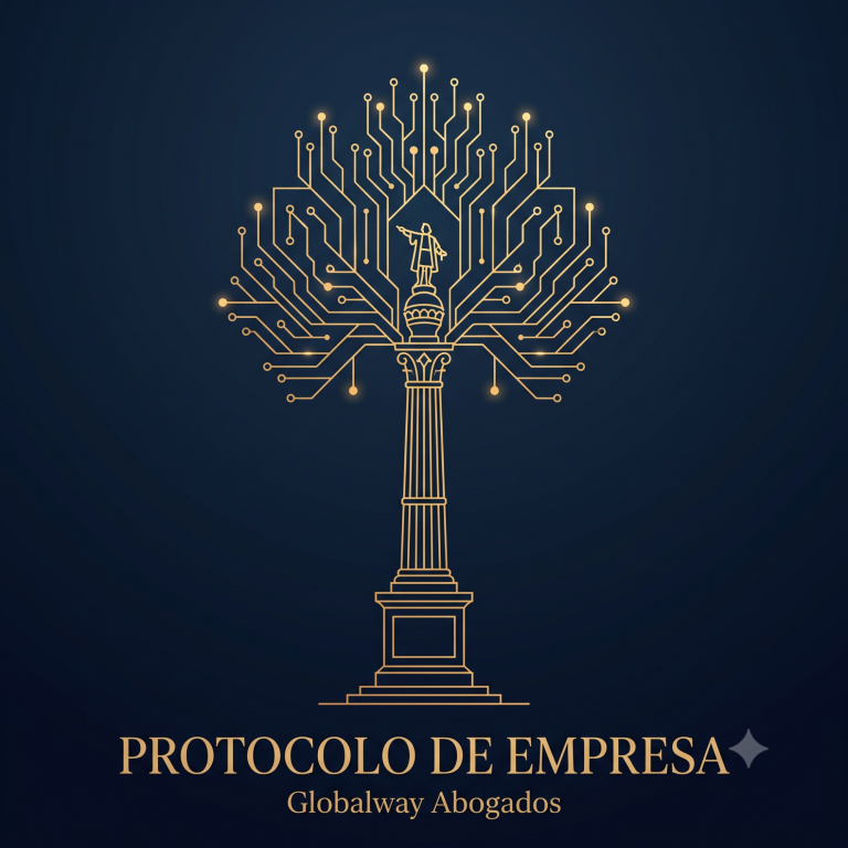 Sucesión y protocolo de empresas La estatuá de Colon de Barcelona señalando al futuro, y debajo escrito Protocolo de Empresas