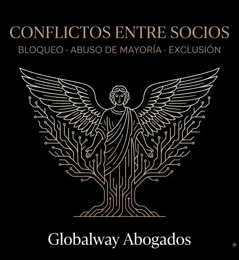 Preguntas frecuentes Conflictos socios Ilustración de línea fina en trazo dorado sobre fondo negro que representa al Arcángel San Rafael del Ayuntamiento