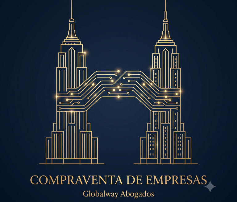 SUCESIÓN EMPRESA Y COMPRAVENTA DE EMPRESAS Dos edificios modernos con un puente de hecho con una red de contactos y familiares, abajo escrito COMPRAVENTA DE EMPRESAS