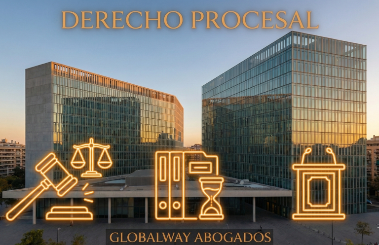 Edificios de los Juzgados de Barcelona con texto sobre derecho procesal y símbolos legales.Globalway Abogados expertos en derecho procesal