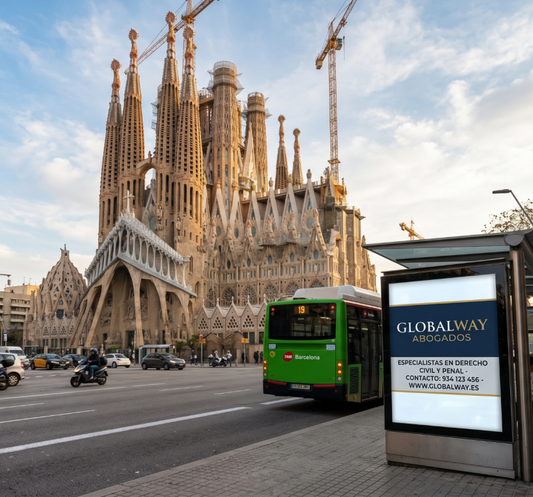 Eres administrador y te han demandado La Sagrada Familia con grúas en el fondo y un anuncio de Globalway Abogados expertos en Responsabilidad Administradores