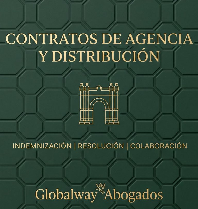 Icono dorado de arquitectura de Barcelona, tarjeta de contratos mercantiles y civiles de Globalway Abogados