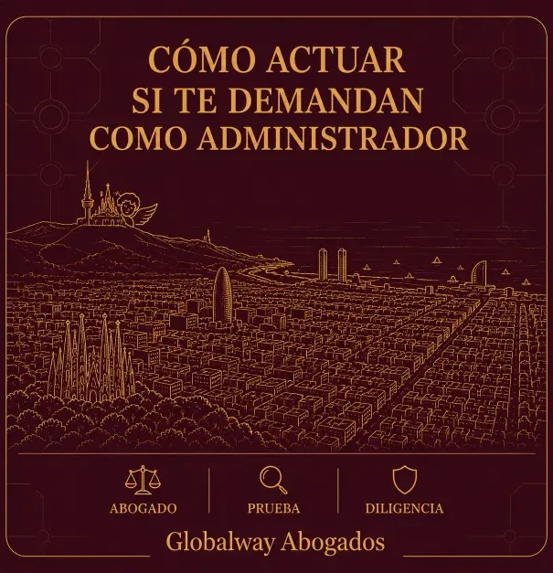 Cómo actuar si le demandan como administrador, con imagen de Barcelona y conceptos clave de abogado, prueba y diligencia. Ilustración tonos burdeos y dorado de vista aérea de Barcelona, con la Sagrada Familia, el Tibidabo y el litoral. Un Ángel de la guarda.