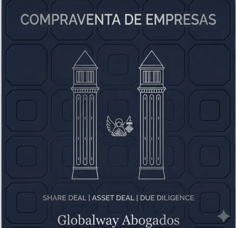 Dos edificios modernos  con un puente de hecho con una red de contactos y familiares, abajo escrito COMPRAVENTA DE EMPRESAS 