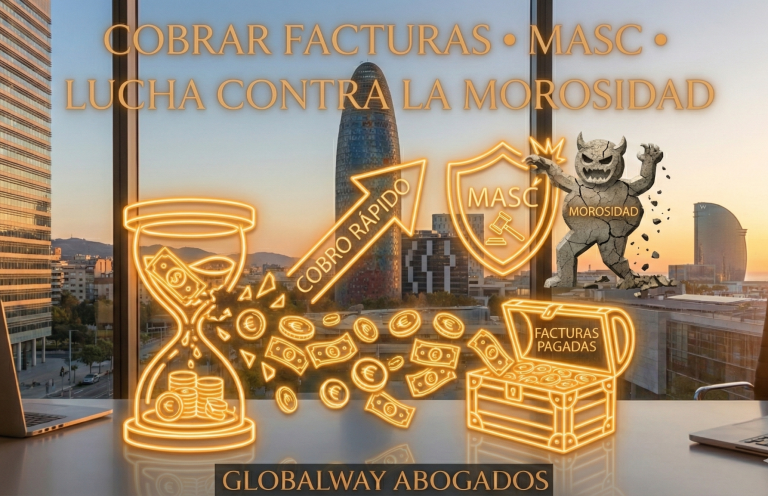 Reloj de arena, dinero y escudo, fondo Barcelona mensaje de lucha contra la morosidad. Globalway Abogados expertos en cobrar facturas