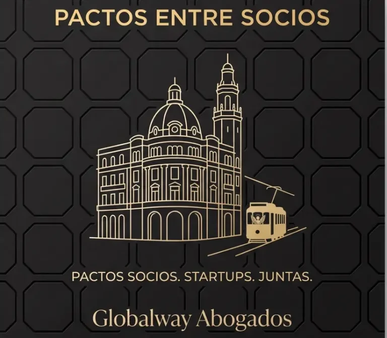 Pacto y conflictos de socios, Globalway Abogados Ilustración del Palau de la Música Catalana de Barcelona en dorado sobre fondo azul oscuro, con el texto "Conflicto de Socioderecho procesal
