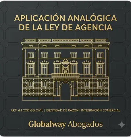 ABOGADO EMPRESA. Aplicación por analogía a los contratos de distribución de la ley de agencia Icono dorado del Palau de Justícia de Barcelona, tarjeta sobre aplicación analógica de la Ley de Agencia de Globalway Abogados