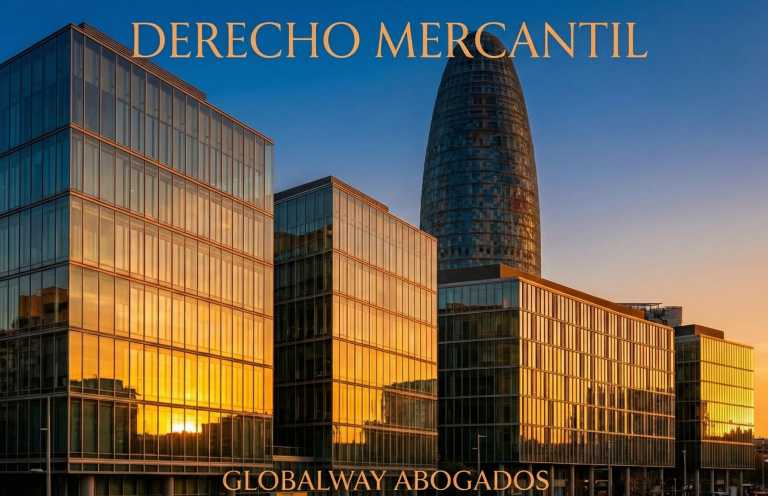 Edificios de cristal reflejando el atardecer en un entorno urbano. Texto: "Derecho Mercantil".en BArcelona entorno ideal para empresas 