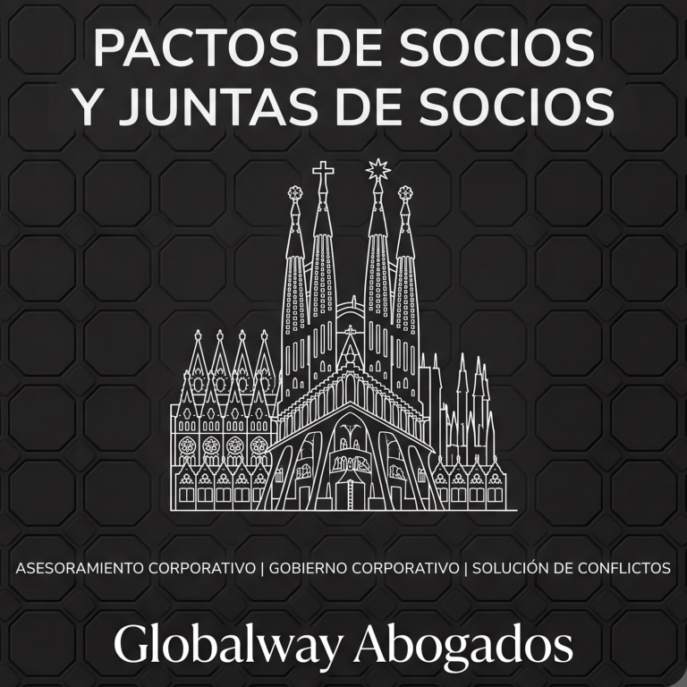 Qué debe incluir un pacto de socios Icono blanco de la Torre CaixaBank de la Diagonal sobre fondo negro, tarjeta introductoria de pactos de socios de Globalway AbogadosAbogados
