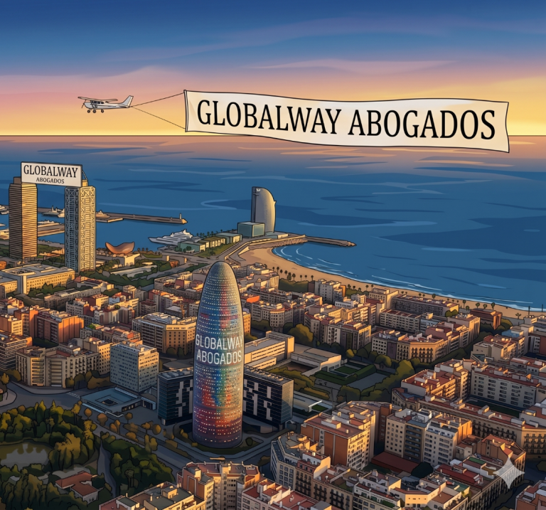Vista aérea de Barcelona con la Sagrada Familia y edificios modernos al fondo y una avioneta con publicidad de GLOBALWAY ABOGADOS