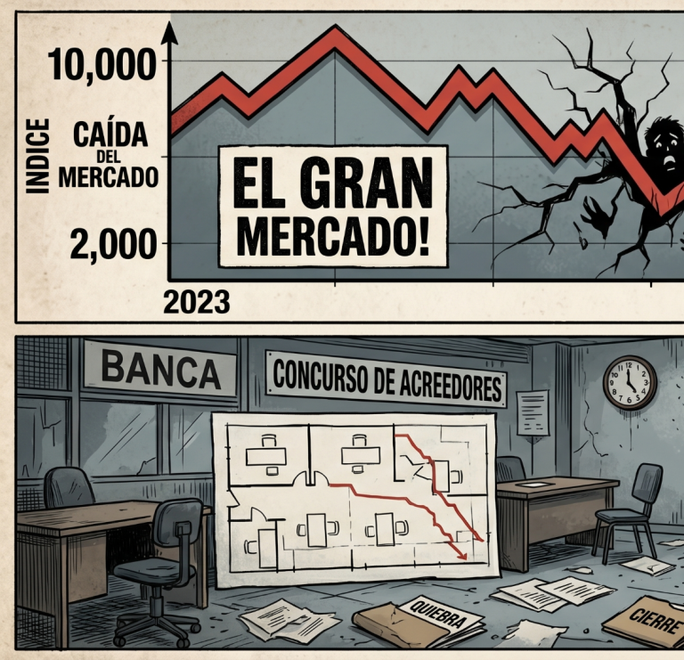 Gráfico con caída del índice del mercado y un salón de banca desordenado y abandonado. concurso de acreedores 