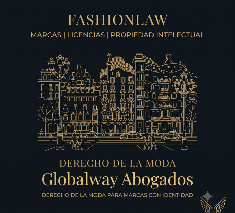 Ilustración del Passeig de Gràcia con las farolas modernistas de Barcelona en dorado sobre fondo azul oscuro, con el texto "Fashionlaw" 