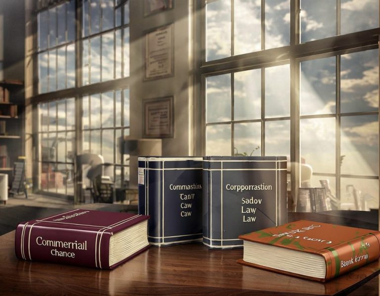 Varios libros de tapas duras sobre una mesa, con luz natural iluminando el ambiente. Código comercio, ley concursal, segunda oportunidad