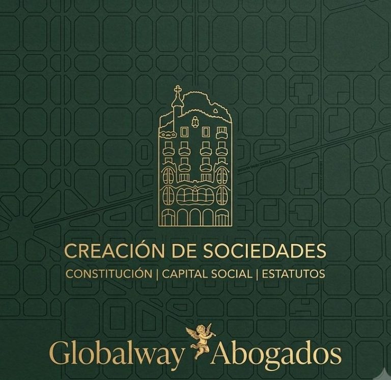 Icono dorado de la Casa Batlló sobre fondo verde, tarjeta de constitución de sociedades de Globalway Abogados en Barcelona