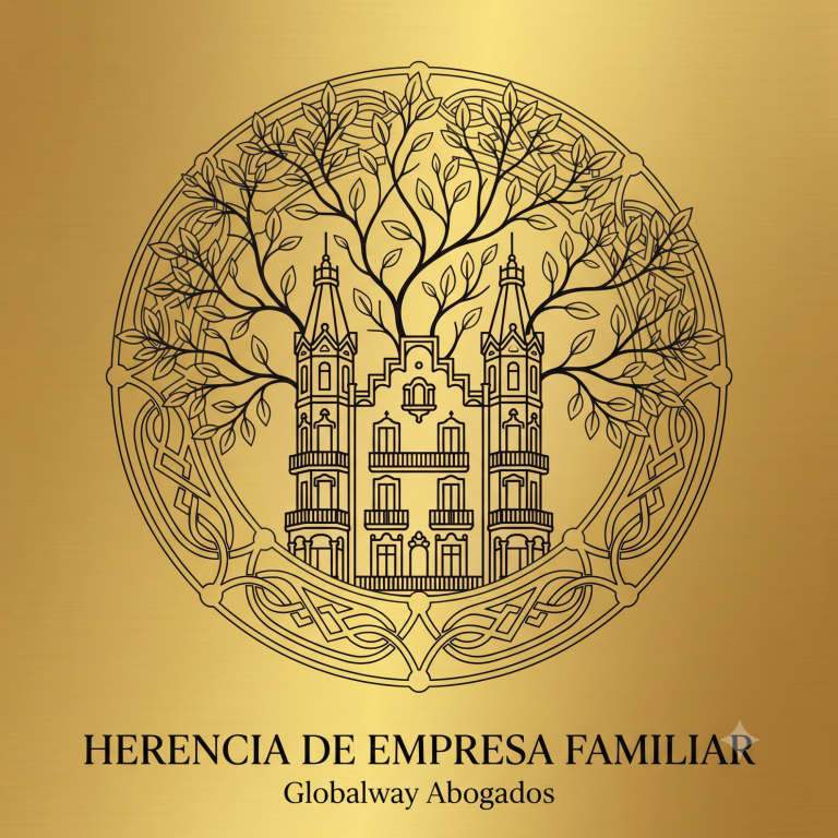 Herencias y empresas medallon con la casa Thomas de Barcelona y un rótulo donde aparece escrito Herencia de Empresa Familiar Globalway Abogados