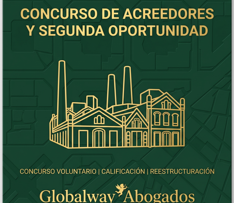 Icono dorado de una antigua fábrica del Poblenou, tarjeta de concurso de acreedores y segunda oportunidad de Globalway Abogados
