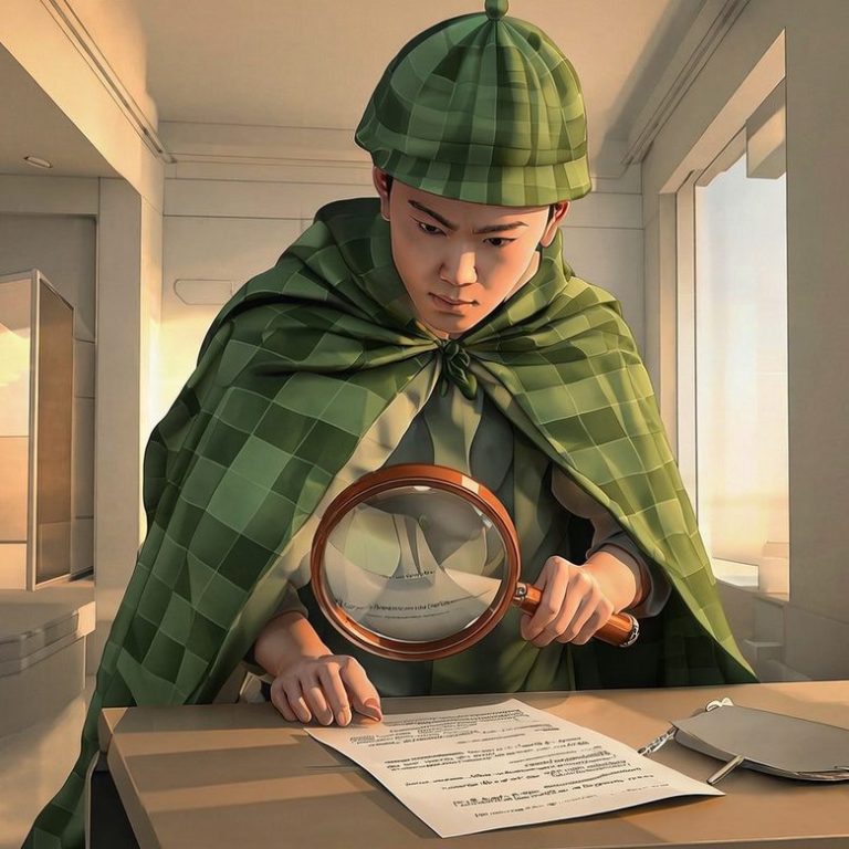 Joven detective con un abrigo verde y gorra, examina un pacto de socios con una lupa en despacho de abogados, Globalway Abogados Barcelona
