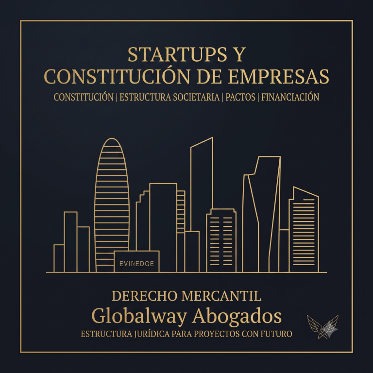 Ilustración del skyline del distrito 22@ de Barcelona en dorado sobre fondo azul oscuro, con el texto "Startups y constitución sociedades.