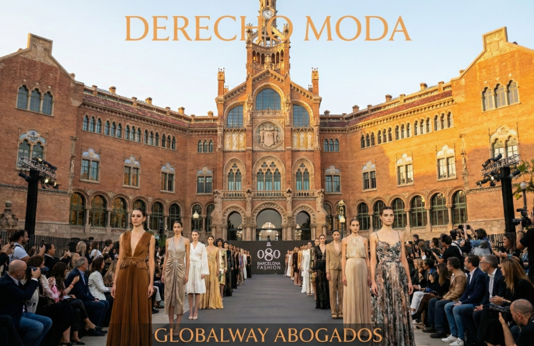 Desfile de moda en un recinto histórico con modelos en la pasarela y público sentado. La moda y el derecho de la mano, sin derecho no hay mo