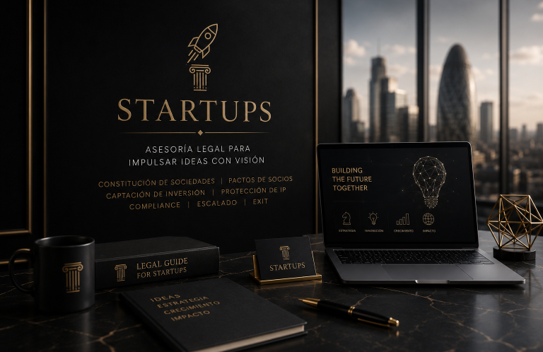 Derecho societario, startups, pactos socios. Globalway Abogados. Fashionlaw Vista panorámica de Barcelona al atardecer con símbolos de acuerdos y startups. Globalway Abogados expertos en empresas y startups