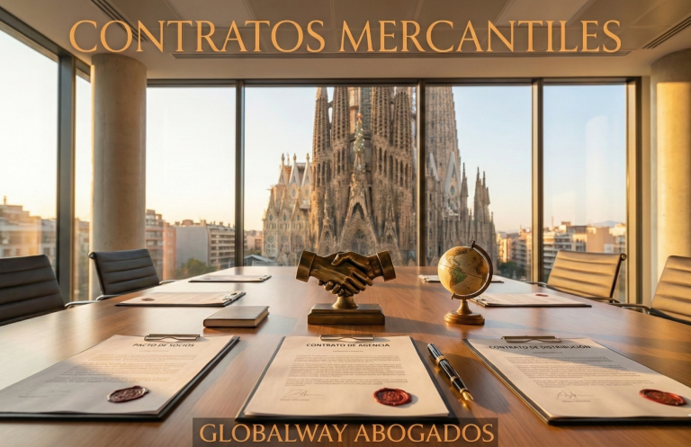 Mesa de trabajo con documentos y vista a la Sagrada Familia. Los contratos son la base de un buen negocio globalway Abogados Barcelona