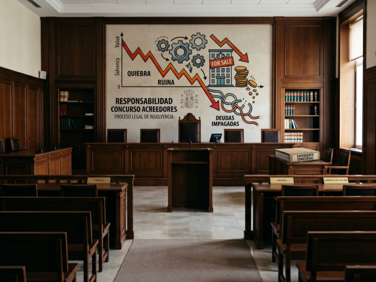 Responsabilidad administrador por deudas generadas dolosamente Sala de conferencias con gráficos en la pared y mesas dispuestas en fila, tema Responsabilidad deudas