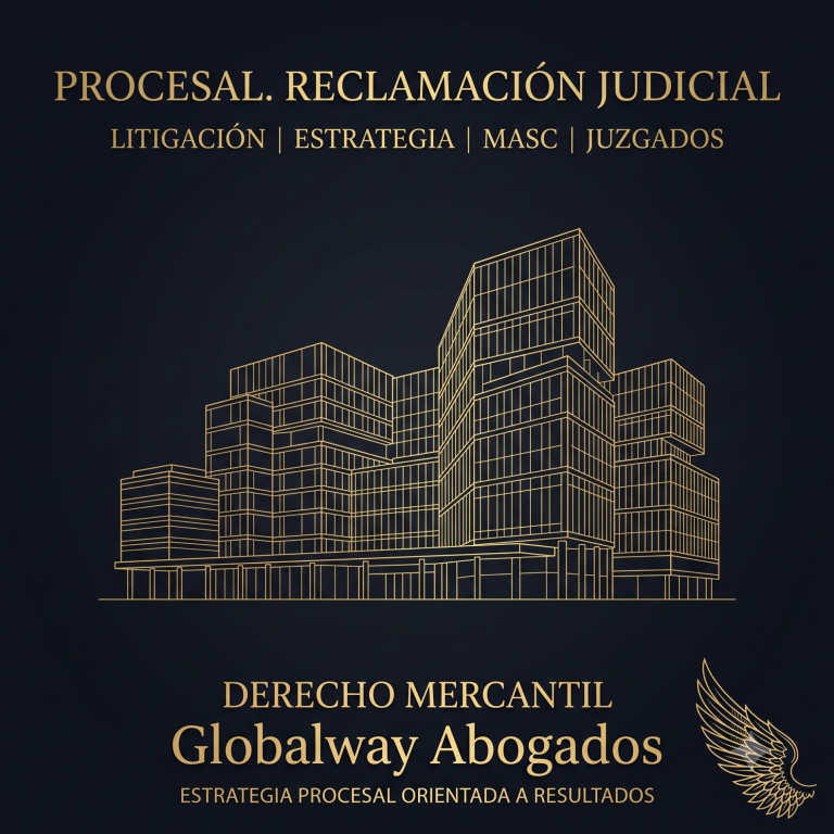 lustración de una fachada de juzgados de la Ciudad de la Justicia de Barcelona, con el texto "Procesal. Reclamación Judicial"