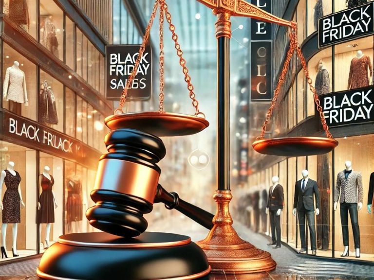 símbolos de la justicia  sobre un fondo de tiendas con anuncios de Black Friday.