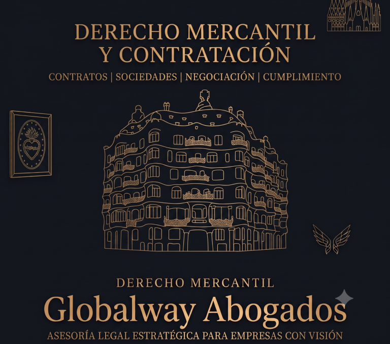 Ilustración de La Pedrera (Casa Milà) de Barcelona en dorado sobre fondo azul oscuro, con el texto "Derecho Mercantil y CoAbogados Barcelona
