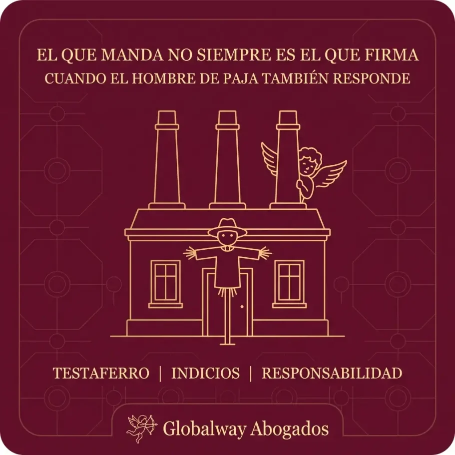 Responsabilidad del adminsitrador de hecho Titulo dorado que dice el que manda no es el que firma un espantapajaros y una fabrica detras y un Ángel de la guarda jugando al escondite.