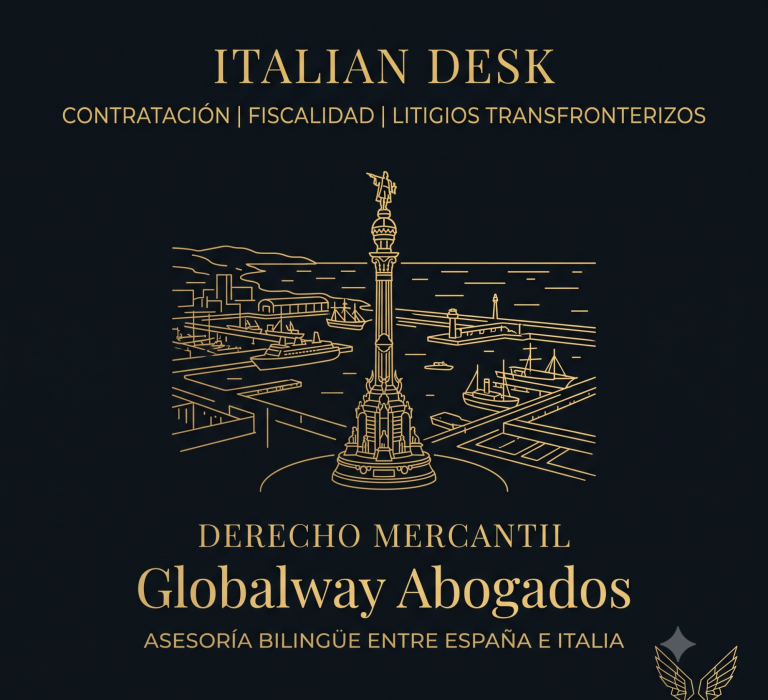 Ilustración del Mirador de Colón y el puerto de Barcelona en dorado sobre fondo azul oscuro,Globalway Abogados expertos en derecho procesal