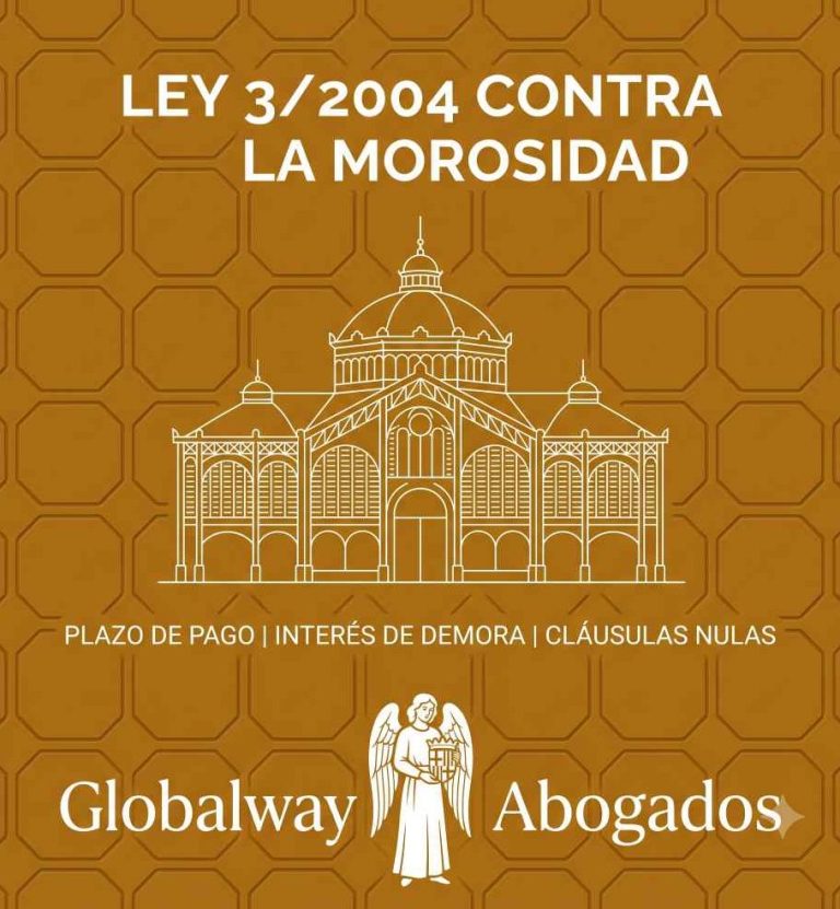 cobrar facturas lucha morosidad. Abogado Barcelona Icono dorado del skyline del Eixample de Barcelona, tarjeta de los 4 pilares de la Ley 3/2004 de Globalway Abogados