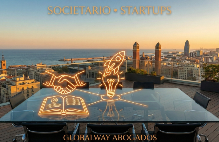Vista panorámica de Barcelona al atardecer con símbolos de acuerdos y startups. Globalway Abogados expertos en empresas y startups