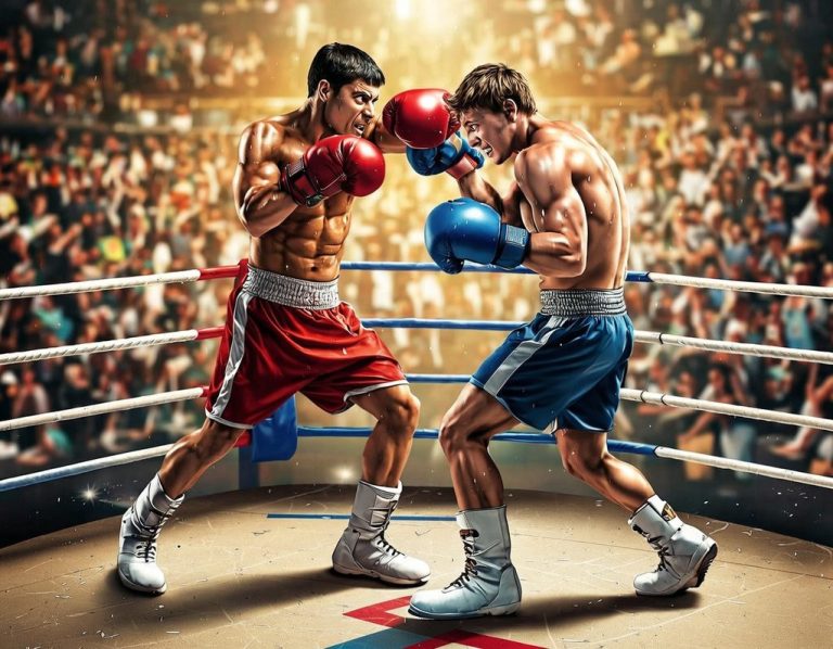 Boxeadores en el ring, Combate concurso necesario  ( de rojo) vs voluntario ( de azul)