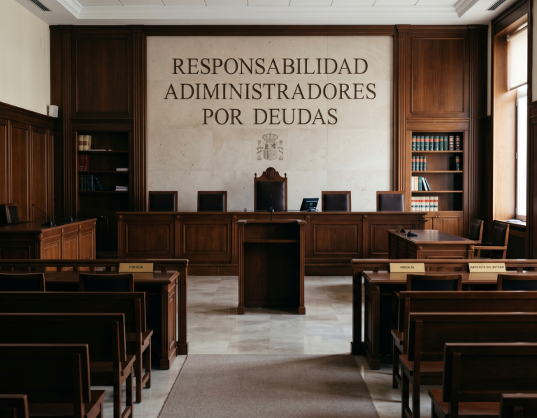 ¿cuando responde judicialmente un Administrador? Sala de juicios con bancos de madera y un panel que dice "Responsabilidad Administradores por Deudas".