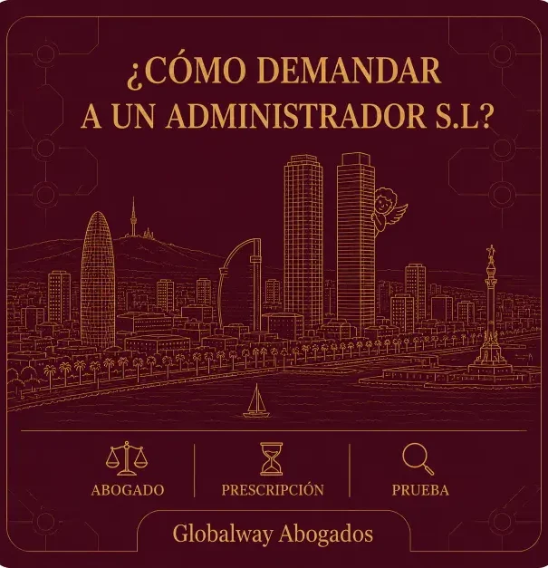 Cómo actuar si le demandan como administrador, con imagen de Barcelona y conceptos clave de abogado, prueba y diligencia. Ilustración tonos burdeos y dorado de vista aérea de Barcelona, con la Sagrada Familia, el Tibidabo y el litoral. Un Ángel de la guarda.