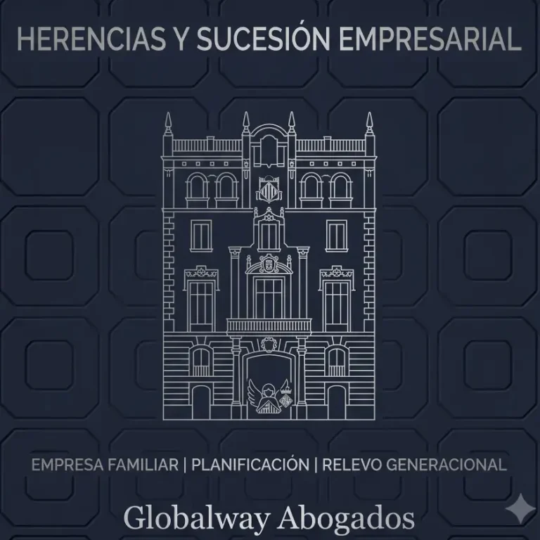 medallon con la casa Thomas de Barcelona y un rótulo donde aparece escrito Herencia de Empresa Familiar Globalway Abogados