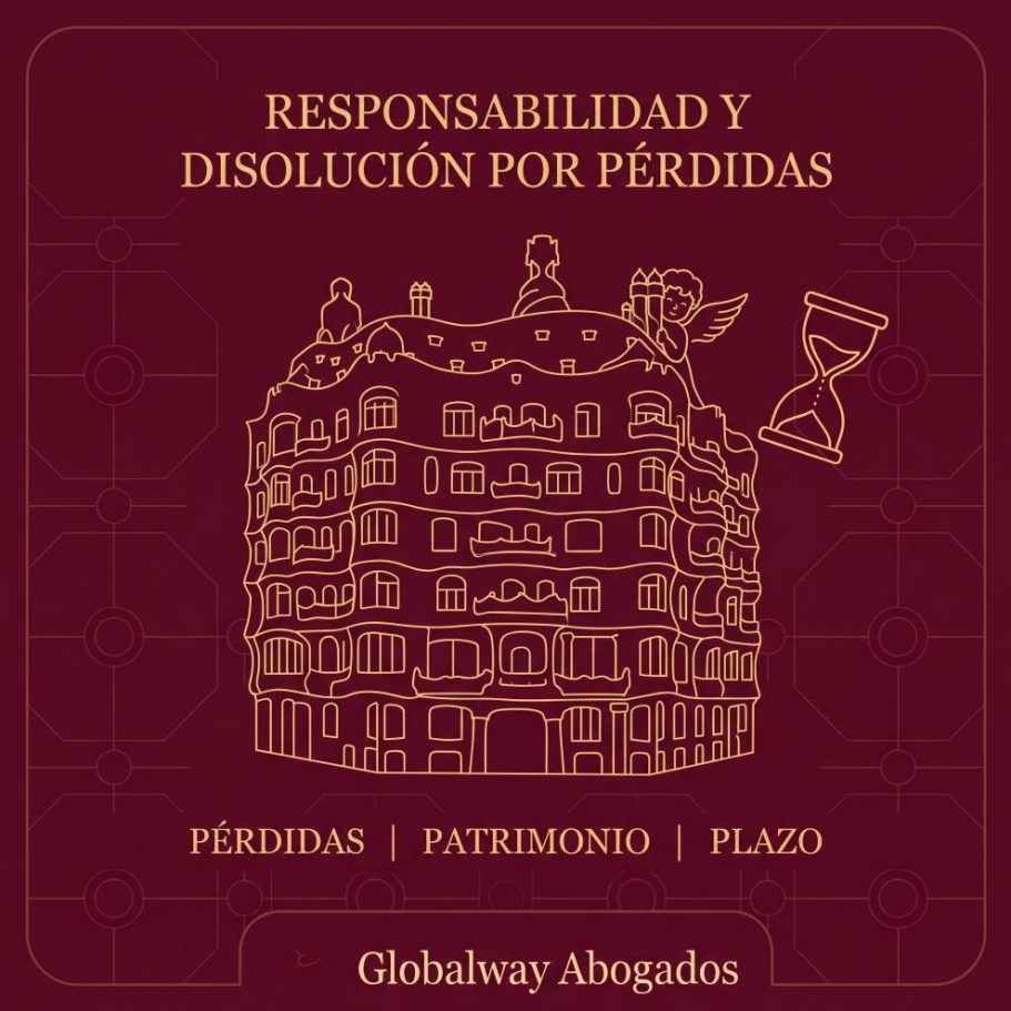CAUSA DE DISOLUCIÓN Y RESPONSABILIDAD Ilustración en granate y dorado: la pedrera y junto a ella un reloj de arena y un Ángel de la guarda jugando al escondite .